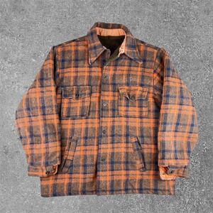 Vintage Montgomery Ward Plaid Wool Sherpa Lined Jacket Mens XL Orange Brown USN